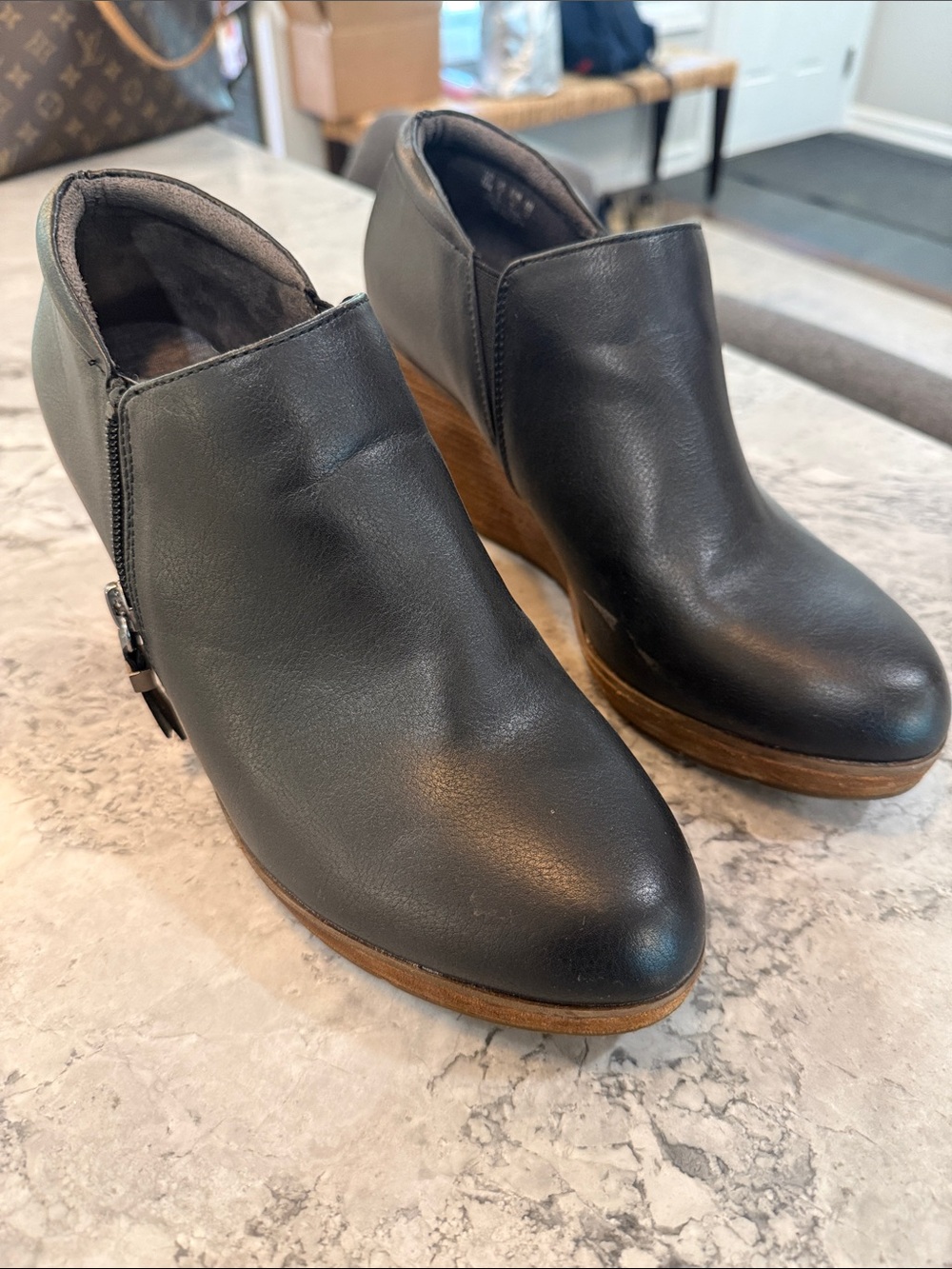 Dr. Scholl's Black Leather Wedge Booties with Wood-Tone Heel